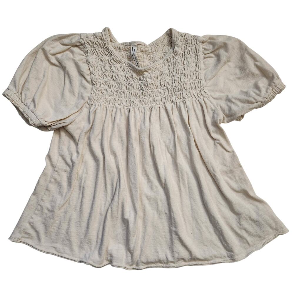 American Eagle Cream Smocked Peasant Top Puff Sleeve Womens M